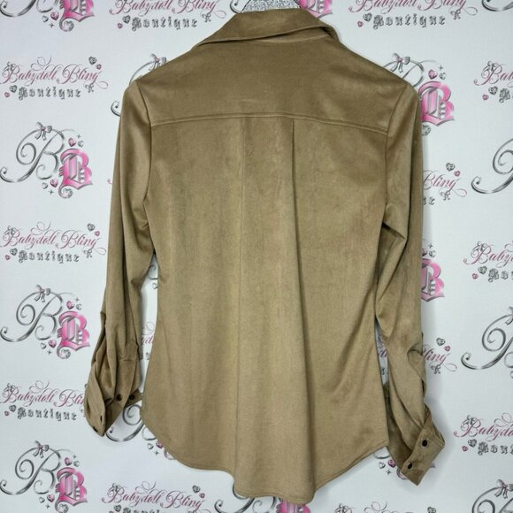 Le chateau button down blouse suede style feel fabric taupe grey brown gray - Picture 7 of 16
